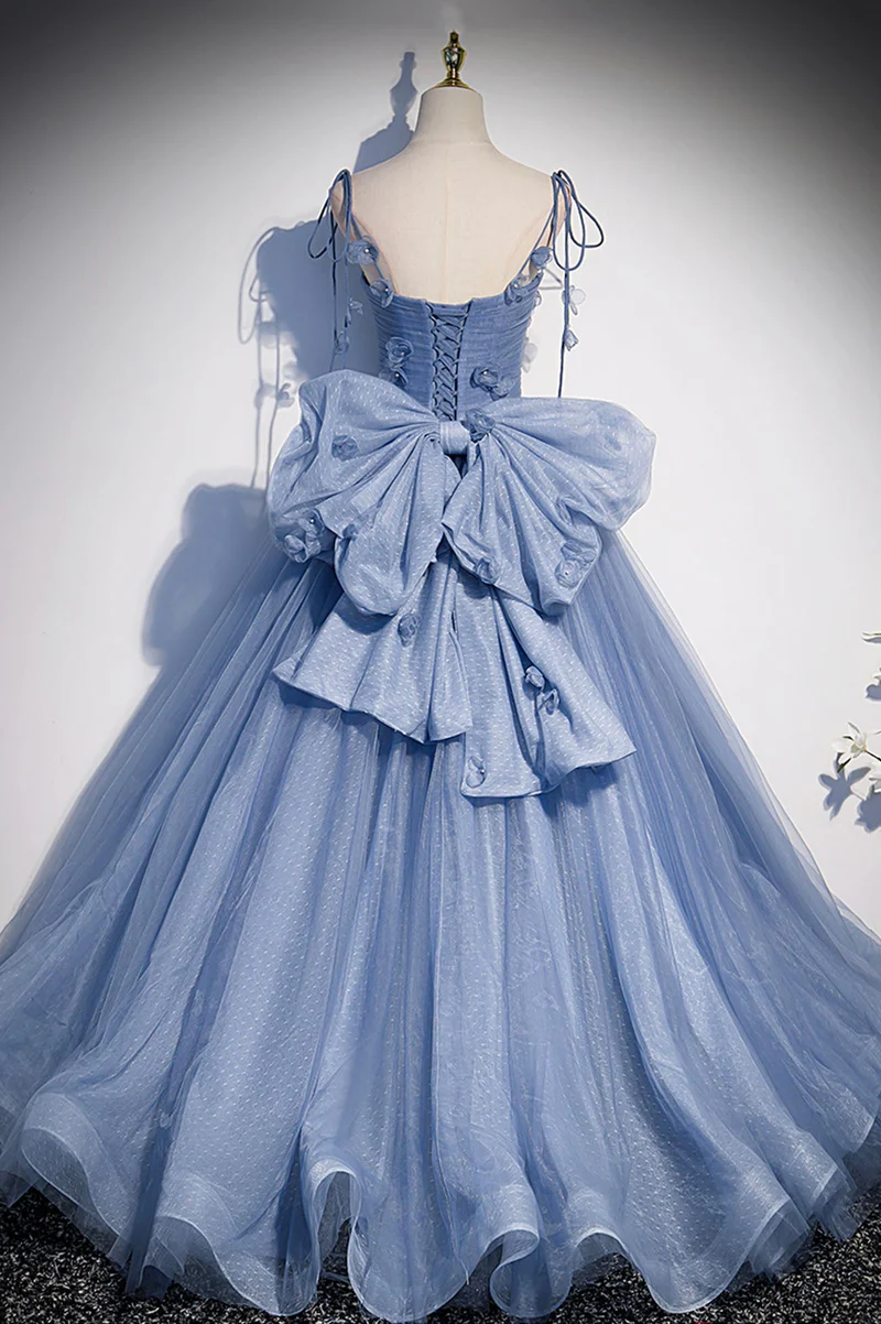 Blue Straps Appliques A-Line Tulle Long Prom Gown with Big Bowknot MD7271