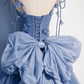 Blue Straps Appliques A-Line Tulle Long Prom Gown with Big Bowknot MD7271