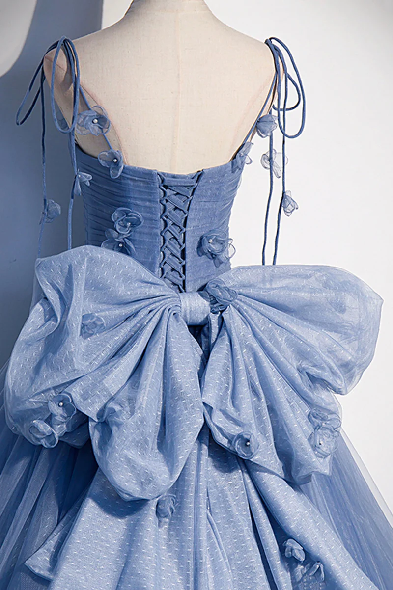 Blue Straps Appliques A-Line Tulle Long Prom Gown with Big Bowknot MD7271
