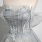 Grey Off Shoulder A-Line Tulle Long Formal Prom Dress MD7278