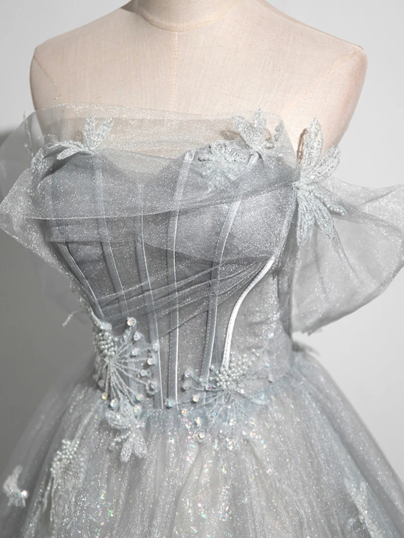 Grey Off Shoulder A-Line Tulle Long Formal Prom Dress MD7278