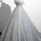 Grey Off Shoulder A-Line Tulle Long Formal Prom Dress MD7278
