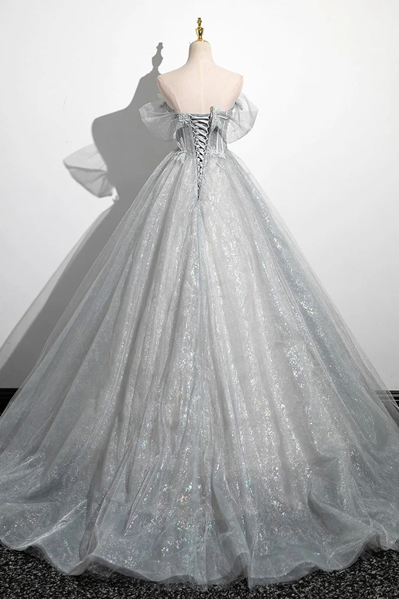 Grey Off Shoulder A-Line Tulle Long Formal Prom Dress MD7278
