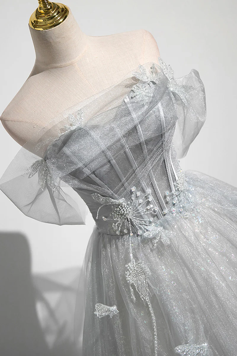Grey Off Shoulder A-Line Tulle Long Formal Prom Dress MD7278