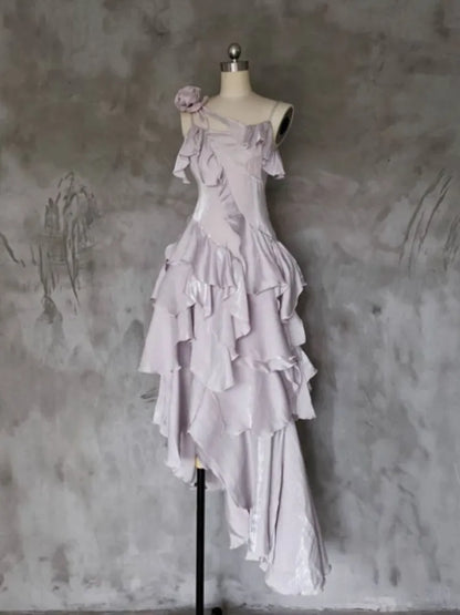 Light Purple Asymmetrical Layered Spaghetti Strap Evening Dress MD7538