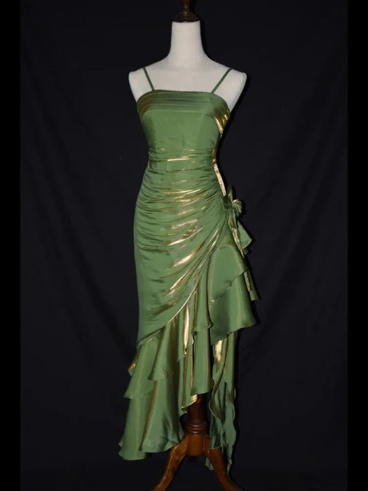 Grass Green Vintage Floral Dress Asymmetrical Hem Prom Dress MD7539