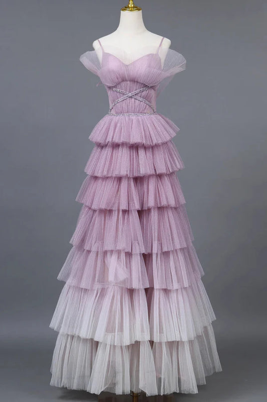 Robe de soirée trapèze à bretelles spaghetti ombrées, robe de bal princesse longue à volants, MD7540