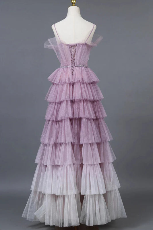Ombre Spaghetti Straps Tiered A-Line Formal Dress Princess Long Prom Gown MD7540