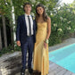 Spaghetti Straps Yellow Long Sheath Prom Dress With Slit MD7581