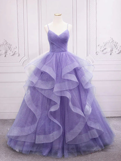 Light Purple Straps Long Prom Dress A Line Layered Birthday Party Dress MD7584