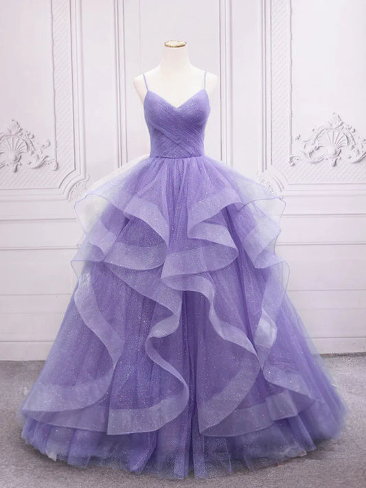 Light Purple Straps Long Prom Dress A Line Layered Birthday Party Dress MD7584