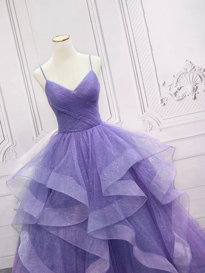 Light Purple Straps Long Prom Dress A Line Layered Birthday Party Dress MD7584