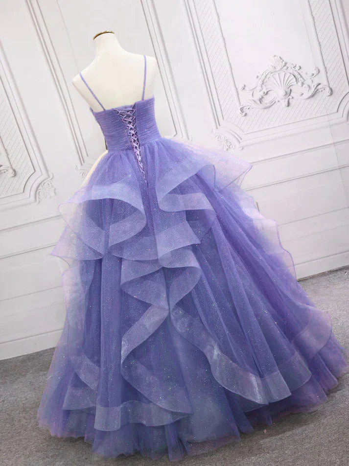 Light Purple Straps Long Prom Dress A Line Layered Birthday Party Dress MD7584