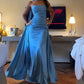 Strapless Blue A Line Satin Long Prom Dress Formal Party Dress MD7586