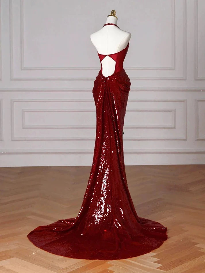 Red Halter Sequin Mermaid Long Prom Dress Evening Party Dress  MD7589