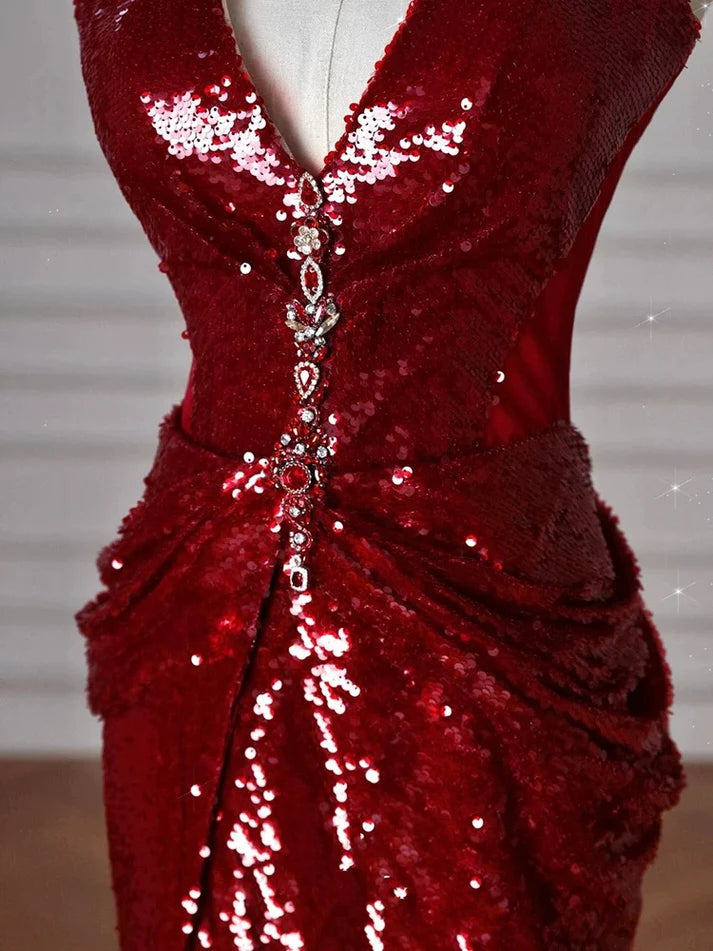 Red Halter Sequin Mermaid Long Prom Dress Evening Party Dress  MD7589
