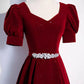 Wine Red Velvet Short Sleeves Prom Dress, Wine Red A-line Party Dress MD7612