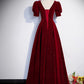 Wine Red Velvet Short Sleeves Prom Dress, Wine Red A-line Party Dress MD7612