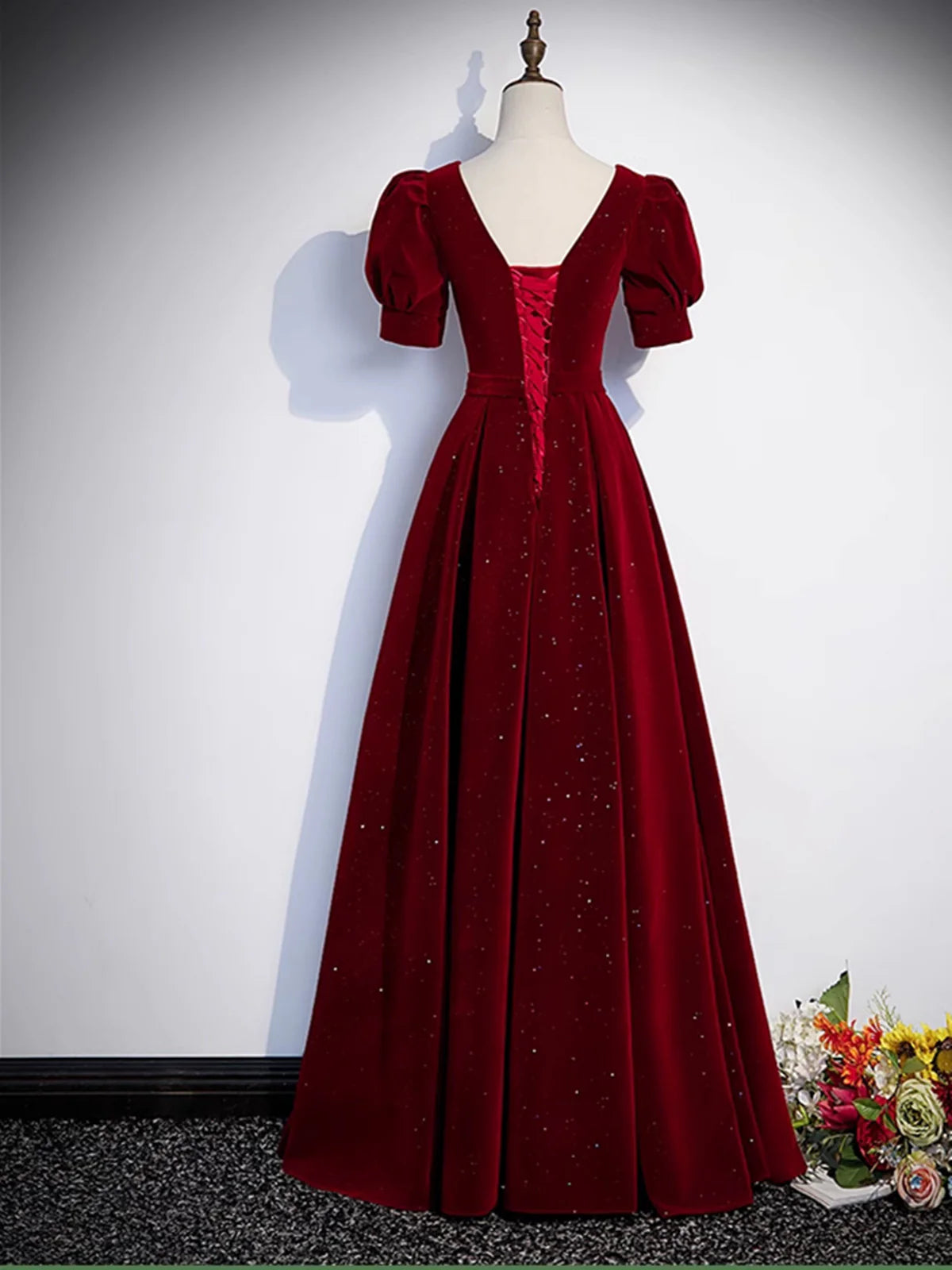 Wine Red Velvet Short Sleeves Prom Dress, Wine Red A-line Party Dress MD7612
