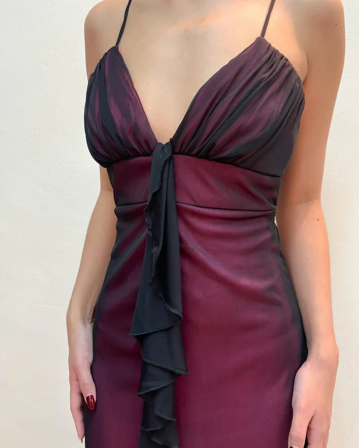 V Neck A Line Vintage Long Prom Dress Ruffle Evening Party Dress MD7620