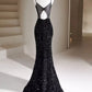 Black Sequins Mermaid Straps Beaded Prom Dress, Black Sequins Party Dress MD7625