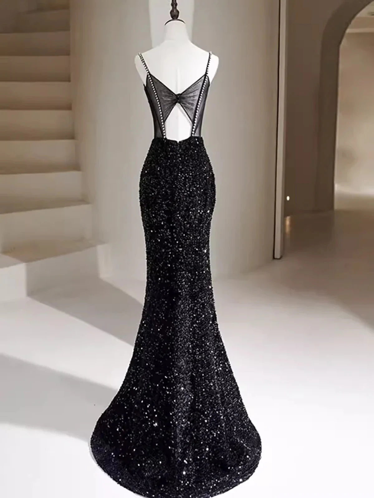 Black Sequins Mermaid Straps Beaded Prom Dress, Black Sequins Party Dress MD7625