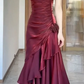 Wine Red Spaghetti Straps Chiffon Long Party Dress Evening Gown MD7633