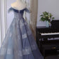 Off The Shoulder Blue Tulle A Line Long Prom Dress MD7637