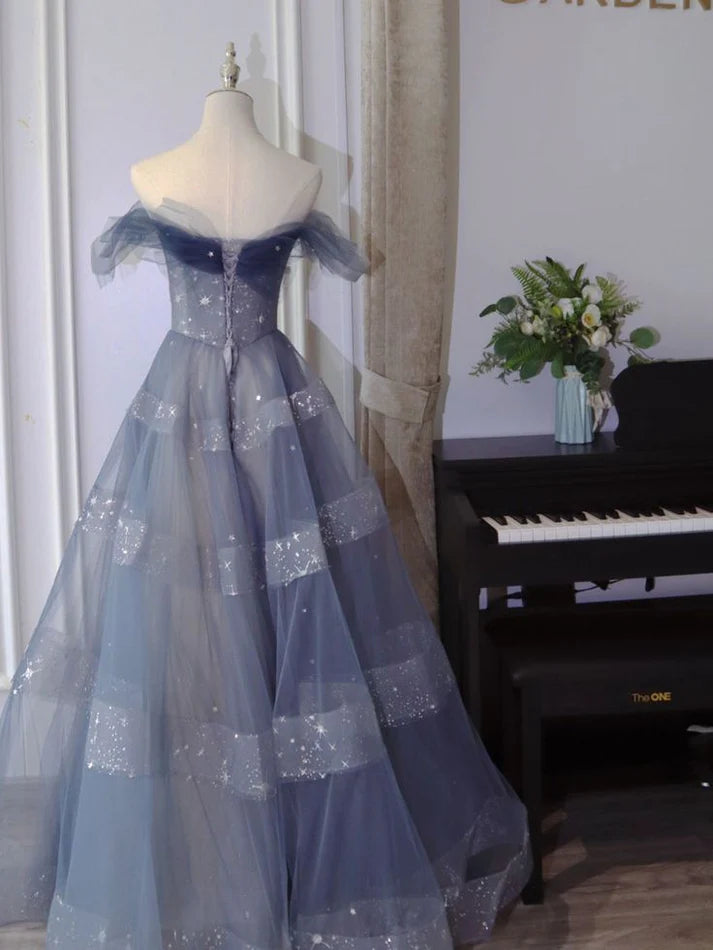 Off The Shoulder Blue Tulle A Line Long Prom Dress MD7637