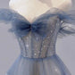 Off The Shoulder Blue Tulle A Line Long Prom Dress MD7637