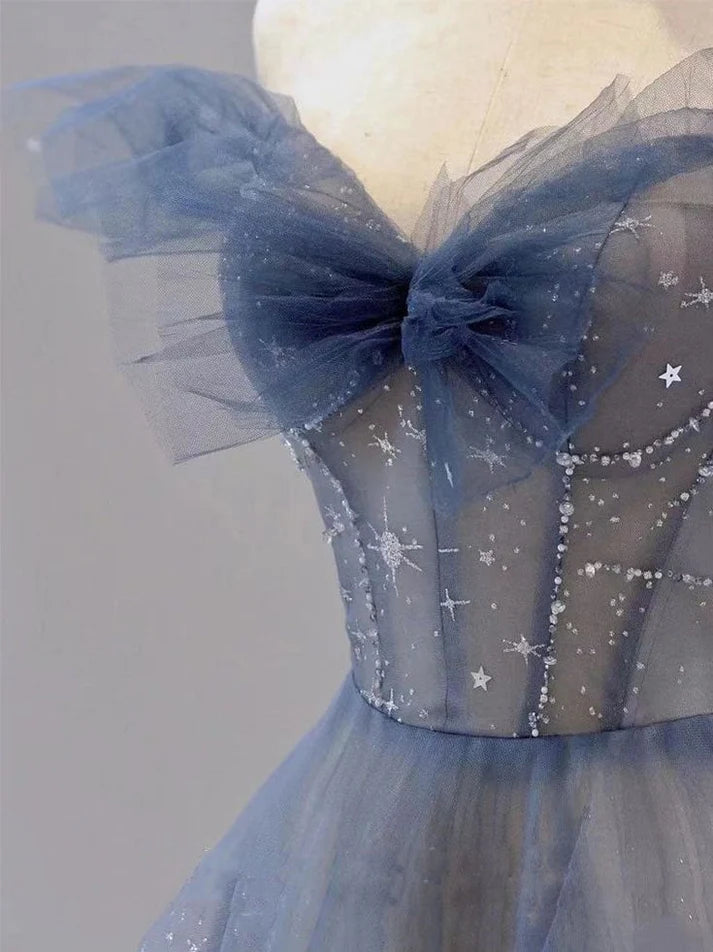 Off The Shoulder Blue Tulle A Line Long Prom Dress MD7637