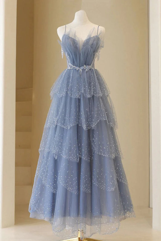 Shiny Blue Straps A Line Layered Long Prom Dress Beaded Birthday Gown MD7641