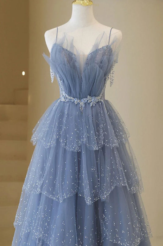 Shiny Blue Straps A Line Layered Long Prom Dress Beaded Birthday Gown MD7641