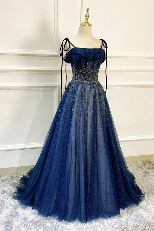 Dark Blue Tulle Sequin Long Prom Dresses A Line Birthday Party Dresses MD7642