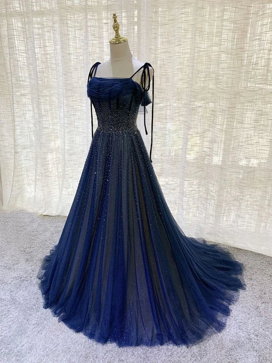 Dark Blue Tulle Sequin Long Prom Dresses A Line Birthday Party Dresses MD7642