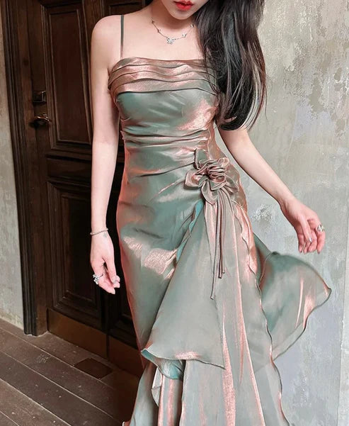 Vintage Spaghetti Straps Asymmetrical Chiffon Long Party Dress MD7644