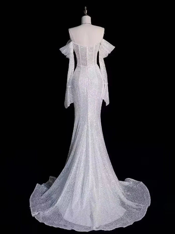 Shiny Off The Shoulder Sequin Mermaid Long Prom Dress Wedding Dress MD7650