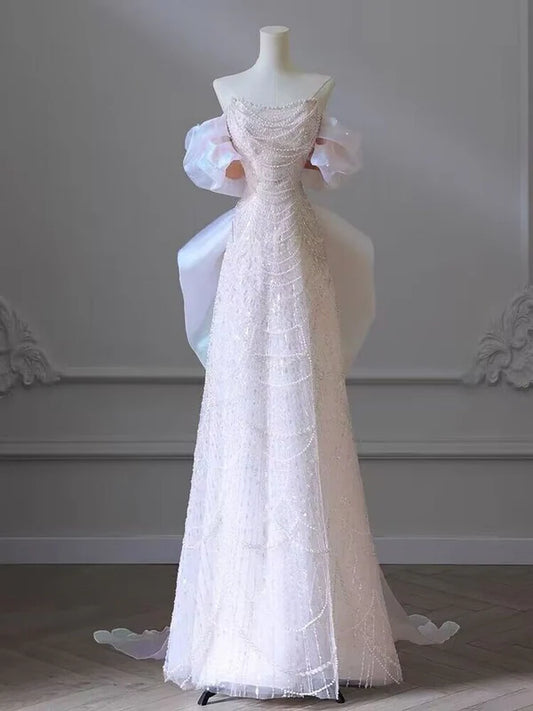 Robe de bal trapèze rose à épaules dénudées et sequins, avec perles, robe de soirée Sweet 16, MD7654