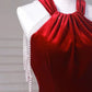 Wine Red Halter Mermaid Velvet Birthday Party Dress Prom Dress  MD7656