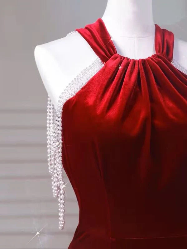 Wine Red Halter Mermaid Velvet Birthday Party Dress Prom Dress  MD7656