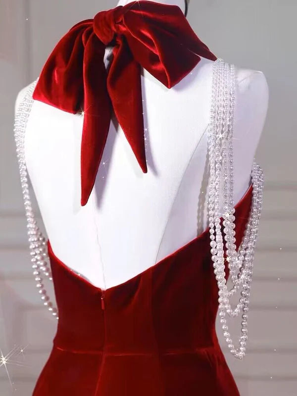 Wine Red Halter Mermaid Velvet Birthday Party Dress Prom Dress  MD7656