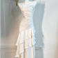 Spaghetti Straps Sheath Chiffon White Long Party Dress Birthday Outfits MD7659