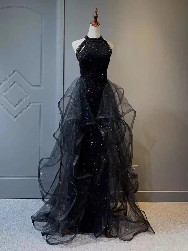 Black Halter A Line Ruffled Evening Dress Long Prom Dress MD7661