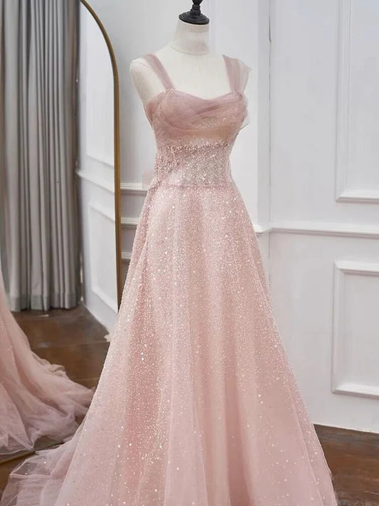 Pink A-Line Sequin Tulle Princess Prom Dress Birthday Party Gown MD7662