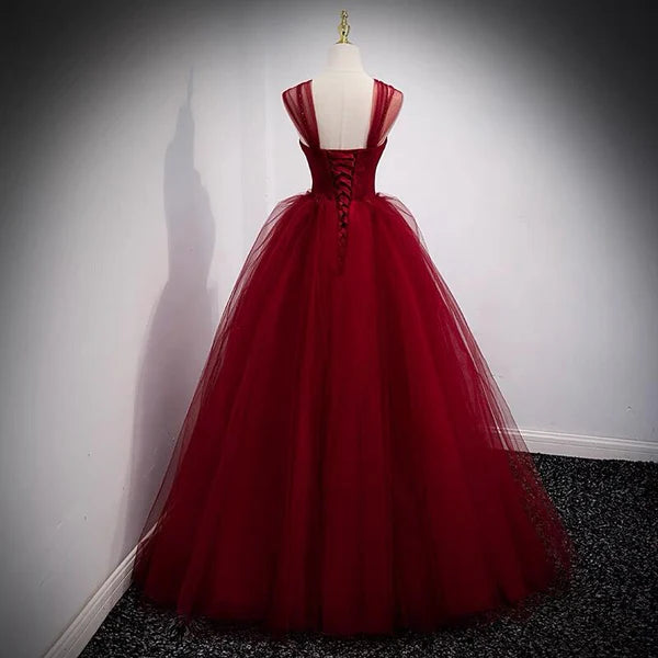 A-Line Burgundy Tulle Long Prom Dress Birthday Party Gown MD7668