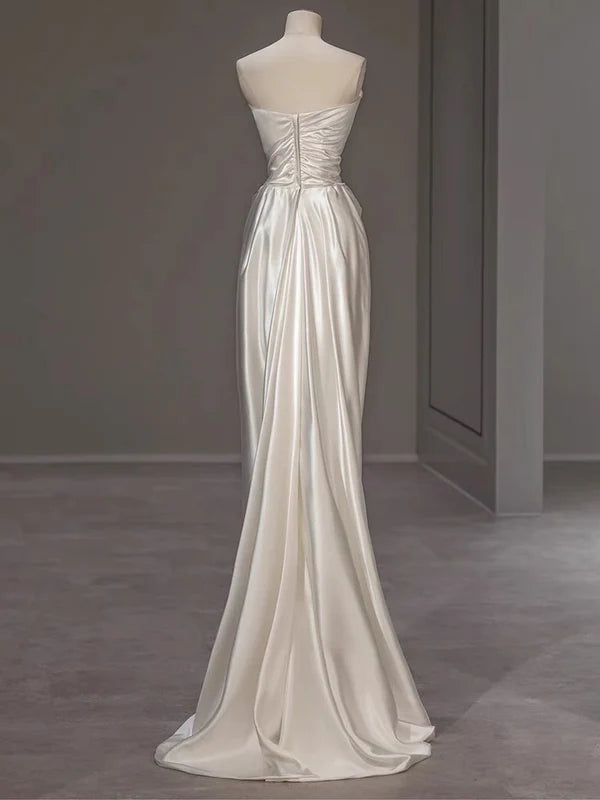 Strapless White Sheath Satin Wedding Dress Formal Evening Gown MD7679