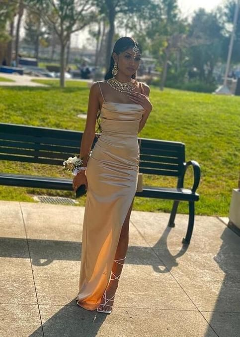Champagne Spaghetti Straps Sheath Satin Long Evening Party Dress MD7703