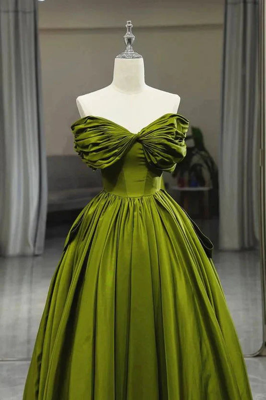 Robe de soirée longue en satin vert à épaules dénudées et coupe trapèze, robe de bal formelle MD7712