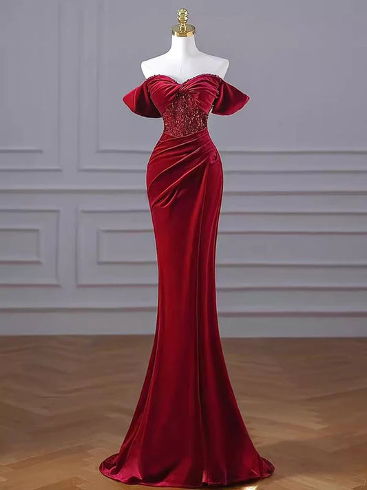 Mermaid Burgundy Off The Shoulder Long Prom Dresses Velvet Birthday Outfits MD7714