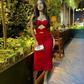 Spaghetti Straps Red Sheath Midi Length Formal Party Dress MD7715